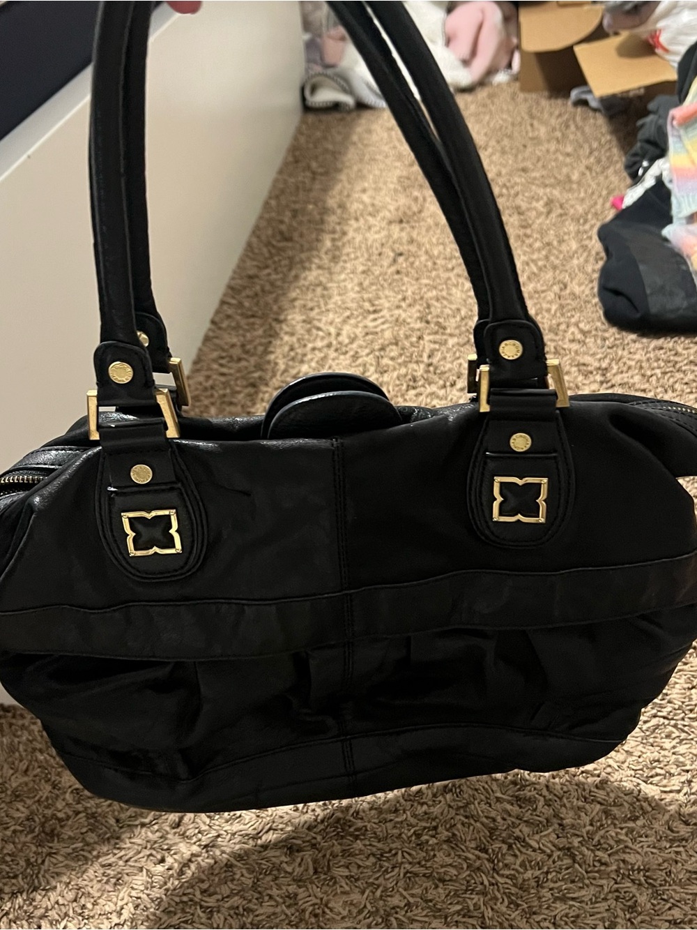 BCBGMaxAzria Black Shoulder Satchel with Gold Hardware - Picture 6 of 9